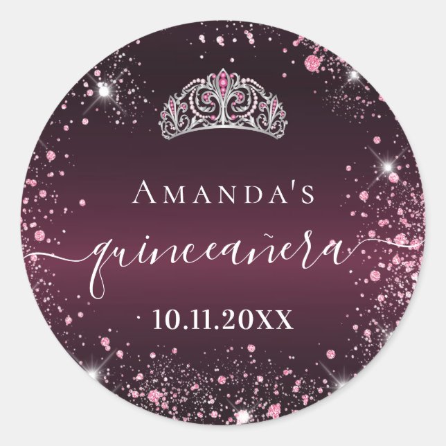 Quinceanera burgundy pink tiara name script classic round sticker (Front)