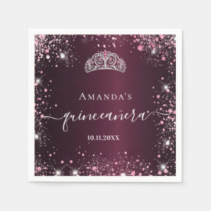 Quinceanera burgundy pink tiara name script napkin