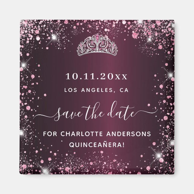 Quinceanera burgundy pink tiara save the date magnet (Front)