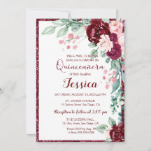 Quinceanera Burgundy Red Floral Glitter Invitation