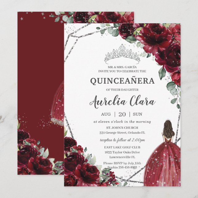 Quinceañera Burgundy Red Floral Silver Princess  Invitation (Front/Back)