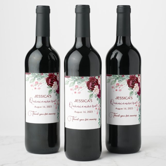 Quinceanera Burgundy Red Glitter Floral Wine Label (Bottles)