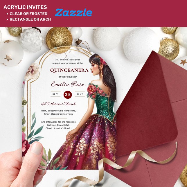 Quinceañera Burgundy Red Green Gold Dress Quince Acrylic Invitations (Creator Uploaded)