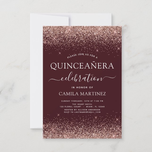 Quinceanera Burgundy Rose Gold Blush Pink Invitation (Front)