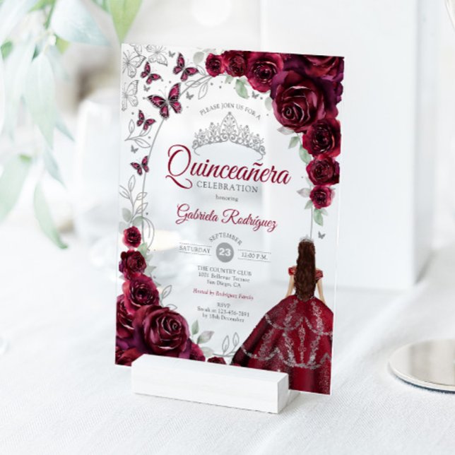 Quinceanera Burgundy Silver Floral Acrylic Invitations (Creator Uploaded)