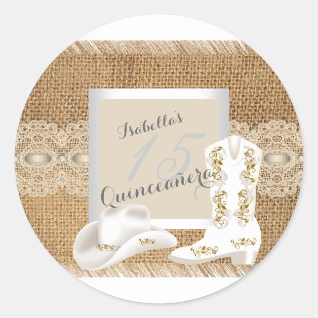 Quinceanera Burlap Lace Cowgirl Classic Round Sticker (Front)