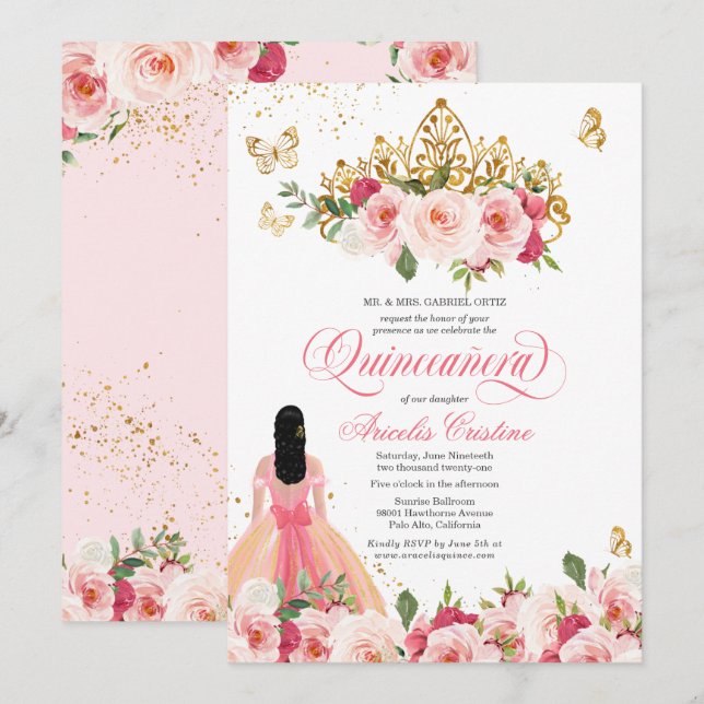 Quinceañera Butterfly Blush Pink Watercolor Floral Invitation (Front/Back)
