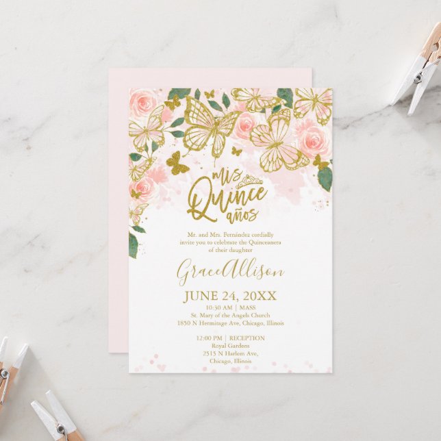 Quinceanera Butterfly Invitation Anglais (Devant/Arrière en situation)