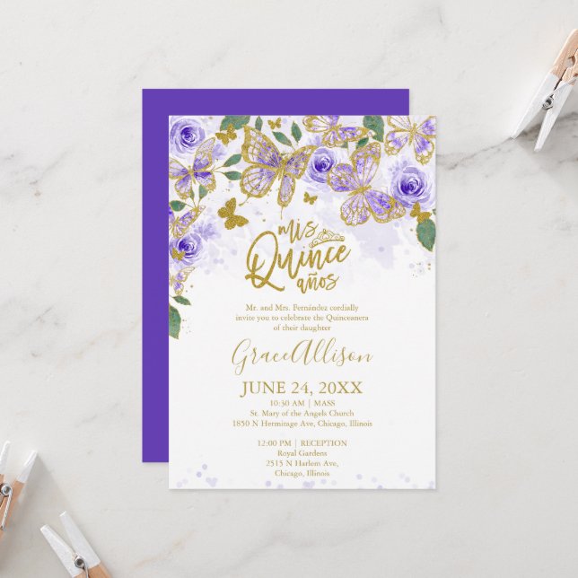 Quinceanera Butterfly Invitation English Wording  (Front/Back In Situ)