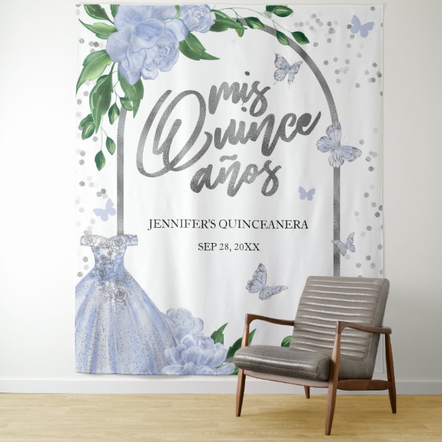 Quinceanera Butterflys Dusty Blue Gown Backdrop Tapestry (In Situ)