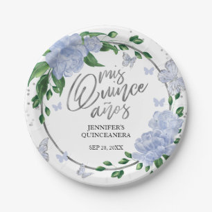 Quinceanera Butterflys Dusty Blue Gown Paper Plate