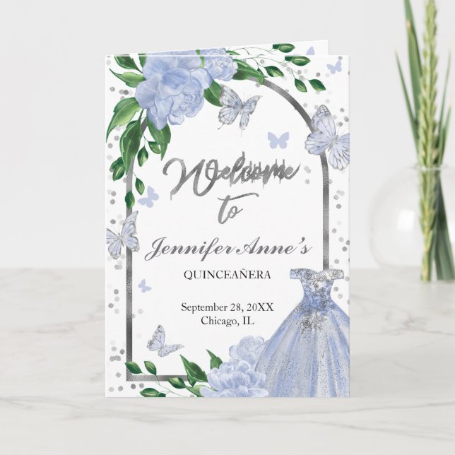 Quinceanera Butterflys Dusty Blue Gown Programmes (Devant)