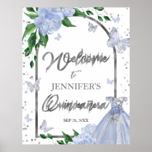 Quinceanera Butterflys Dusty Blue Welcome Sign
