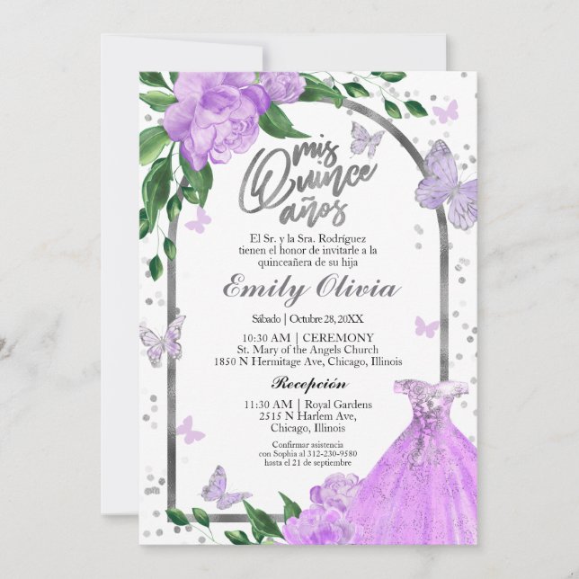 Quinceanera Butterflys Lavender Gown Spanish Invitation (Front)