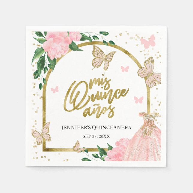 Quinceanera Butterflys Pink Blush Blush Gown Napkin (Front)