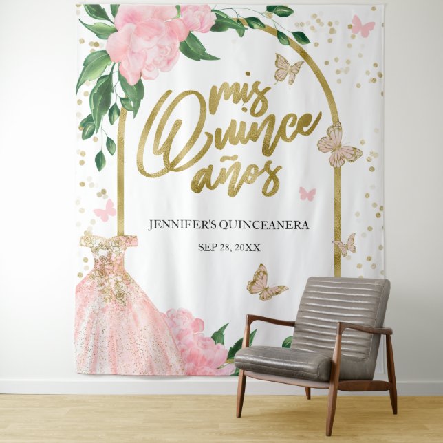 Quinceanera Butterflys Pink Blush Gown Backdrop Tapestry (In Situ)