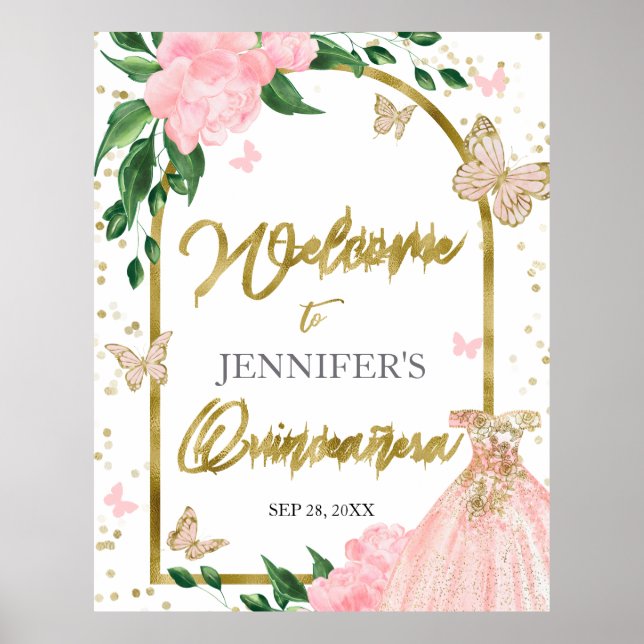Quinceanera Butterflys Pink Blush Welcome Sign (Front)