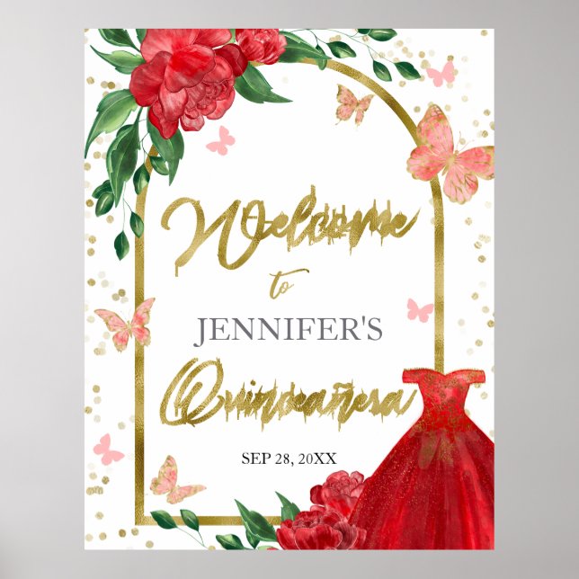 Quinceanera Butterflys Red Gown Welcome Sign (Front)