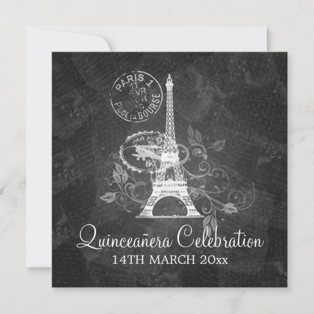 Quinceañera Celebration Party Romantic Paris Black Invitation (Front)