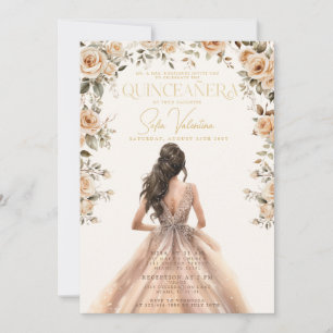 Quinceañera Champagne Gold Gown Brunette Princess Invitation