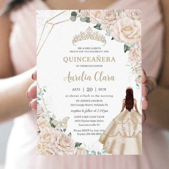 Quinceanera Champagne Ivory Floral Dress Princess Invitation (Creator Uploaded)
