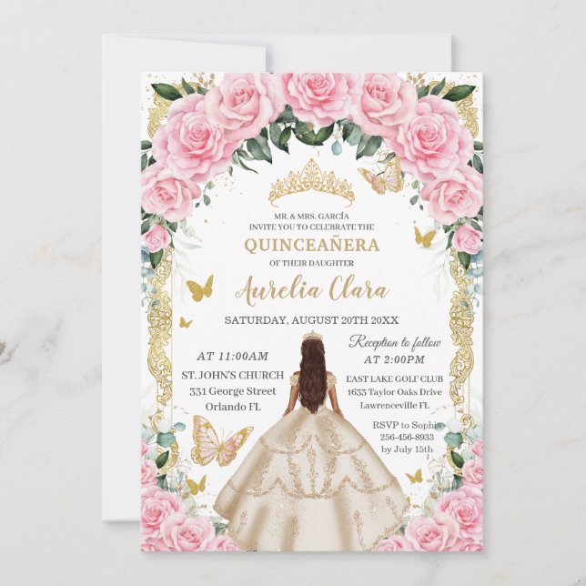 Quinceañera Champagne Pink Floral Vintage Gold Invitation (Front)