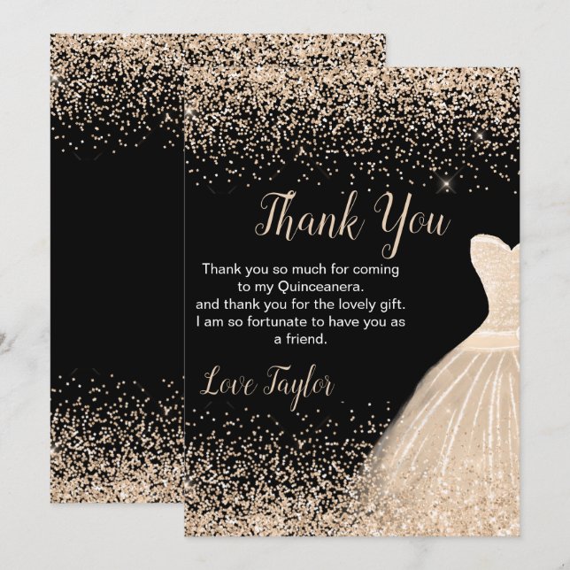 Quinceanera Champagne White Dress Faux Glitter Thank You Card (Front/Back)