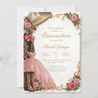 Quinceañera Charra Mexicana Rosa y Dorada Invitation
