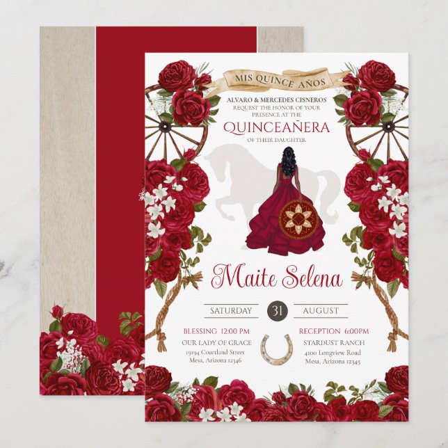 Quinceanera Charro Elegant Red Rose Western Floral Invitation (Front/Back)