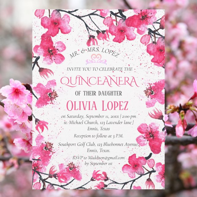 Quinceañera Cherry Blossom Floral 15th Birthday  Invitation (Creator Uploaded)