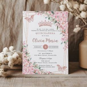 Quinceañera Cherry Blossoms Rose Gold Butterflies  Invitation