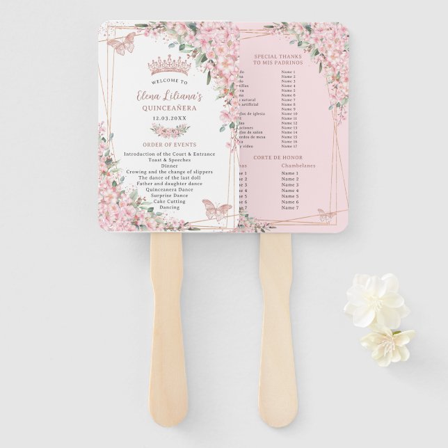 Quinceañera Cherry Blossoms Rose Gold Program Hand Fan (Front and Back)