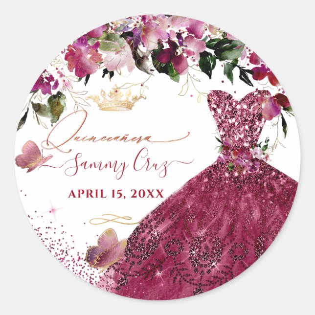 Quinceanera Cherry Red Glitter Dress Classic Round Sticker (Front)