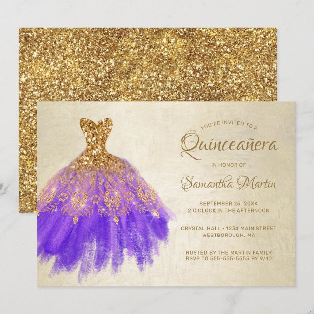 Quinceanera Chic Gold Purple Dress Gold Glam Party Invitation (Front/Back)