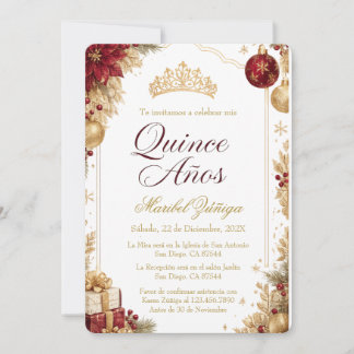 Quinceañera Christmas Burgundy & Gold Holiday Invitation