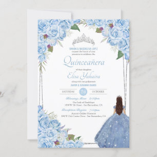 Quinceanera Cinderella Princess Blue Rose Birthday Invitation