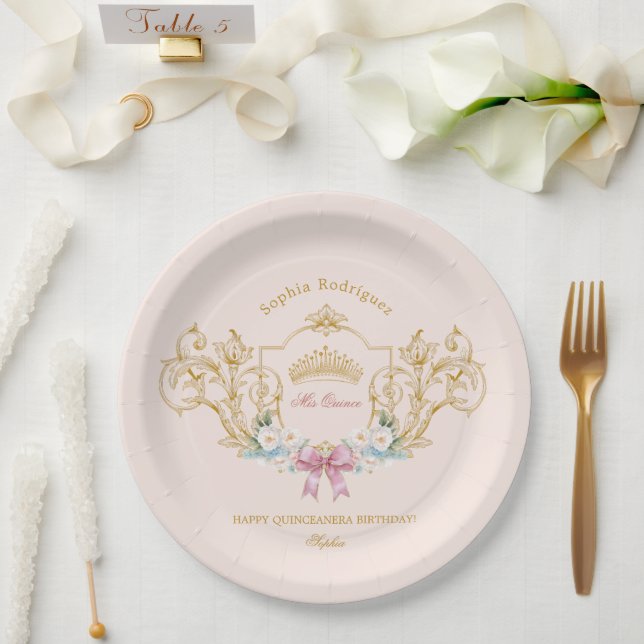 Quinceanera Classy Crown Vintage Frame Custom Paper Plate (Wedding)