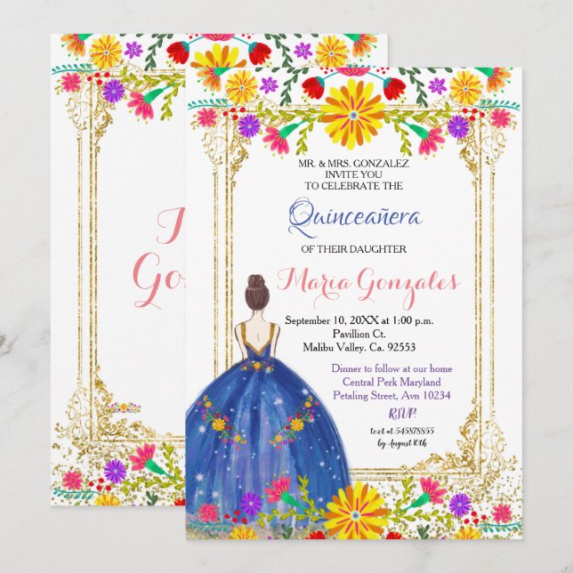 Quinceanera Colourful Flowers Gold Invitation (Front/Back)