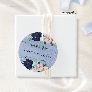 Quinceañera con Flores Azul y Rosa, Aluminio Azul Favour Tags