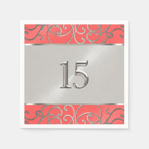 Quinceanera Coral Pink and Silver Filigree Swirls Napkin