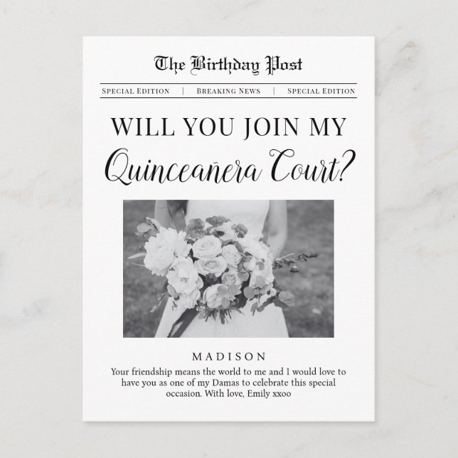 Quinceañera Court Proposal Newspaper Postcard (Front)