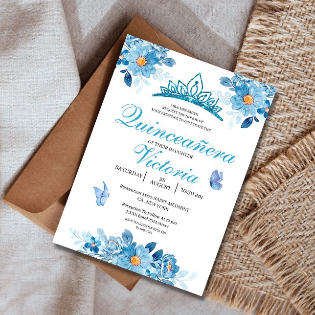 Quinceañera crown Baby Blue Floral Butterflies Invitation (Creator Uploaded)
