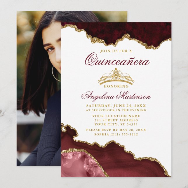 Quinceanera Crown Burgundy Gold Marble Photo Invitation (Front/Back)