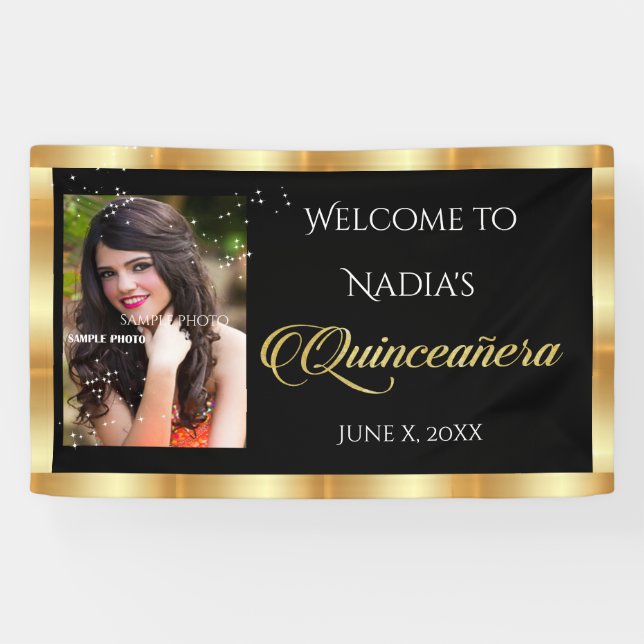 Quinceanera, Custom Photo, Gold Sparkle Banner (Horizontal)