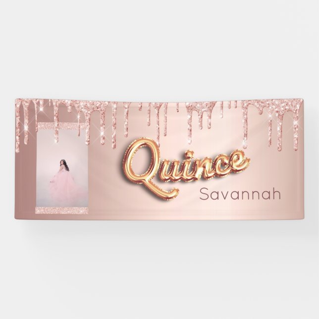 Quinceanera custom photo rose gold glitter  banner (Horizontal)