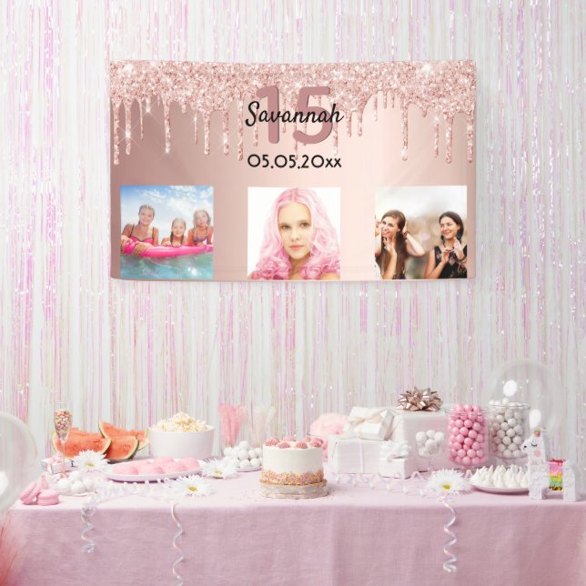 Quinceanera custom photo rose gold pink glitter banner (Party)