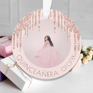 Quinceanera custom photo rose gold pink glitter ornament