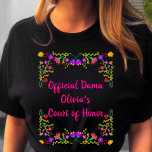 Quinceanera Dama Mexican Fiesta Floral Black T-Shirt<br><div class="desc">Personalized Black Quinceanera T-Shirt for your Dama(s). The wording on the front is completely editable and you can also add the dama's name on the back, if you wish. The bright pink typography is framed with a colourful floral design of Mexican fiesta flowers. Perfect for the sweet 15 celebrations and...</div>