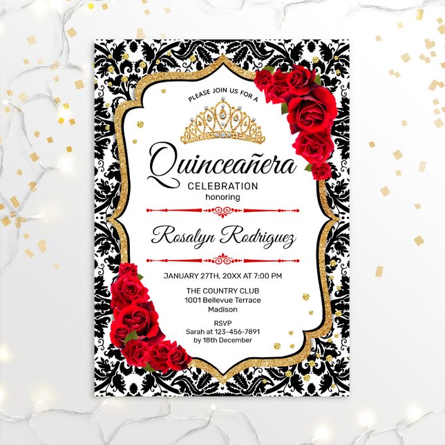 Quinceanera - Damask Red Gold Invitation (Creator Uploaded)