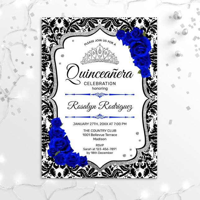 Quinceanera - Damask Royal Blue Silver Invitation (Creator Uploaded)